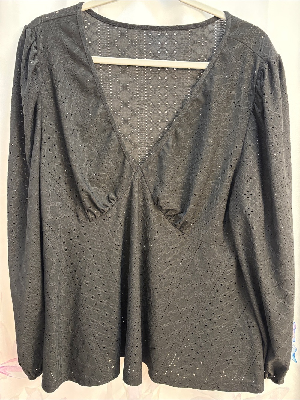 SHEIN Black Eyelet V-Neck Long Sleeve Top 3xl